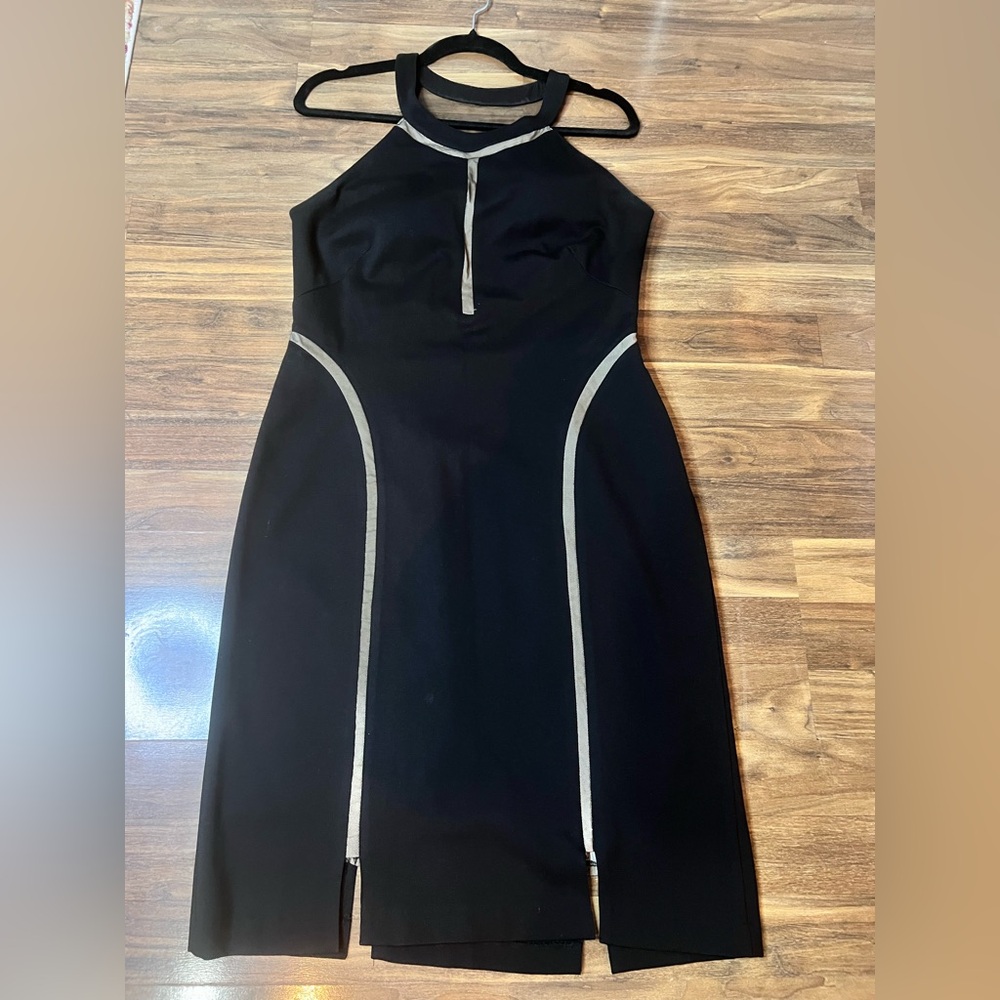 Aidan Mattox Black Midi Dress with sheer panel Trim